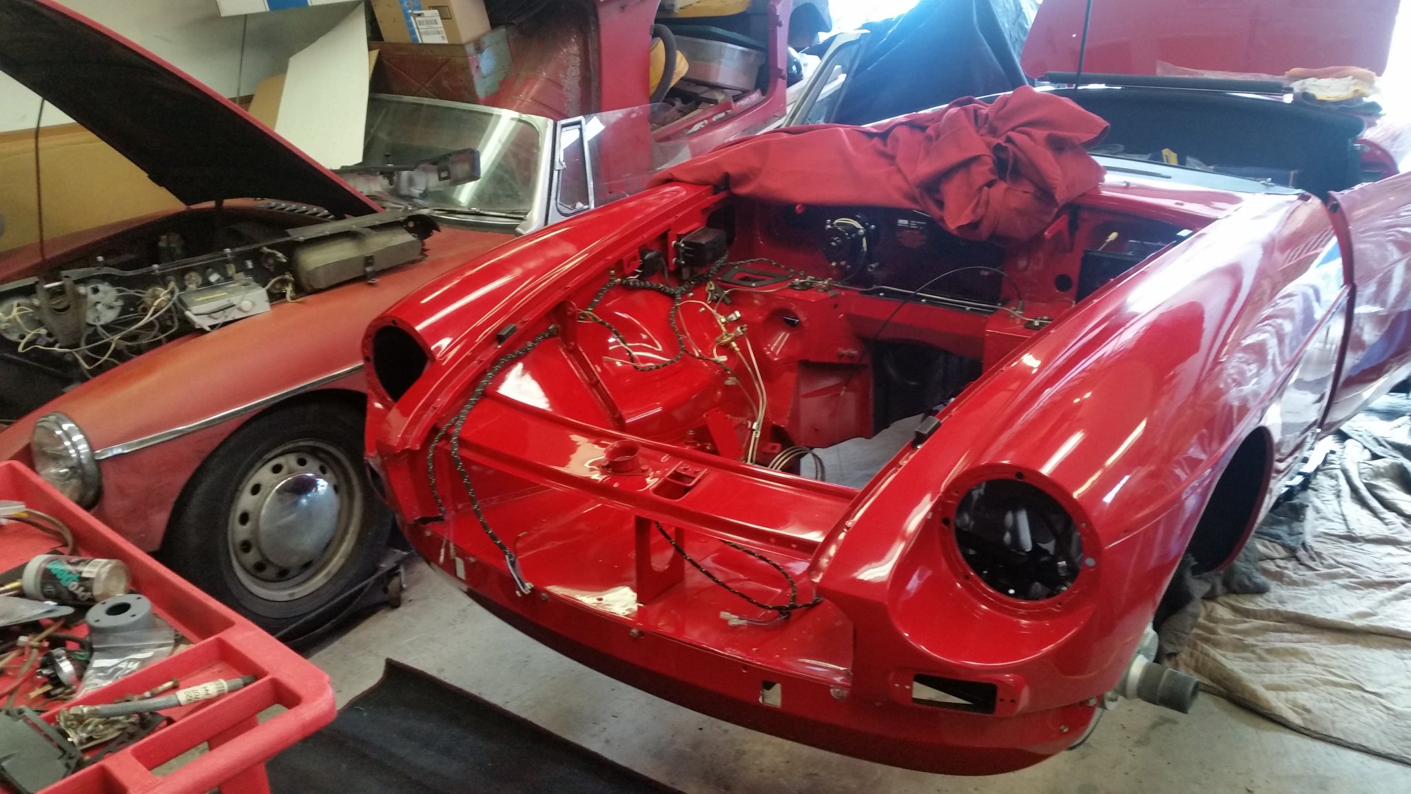 A '67 B being restored next to a pull handle '65.