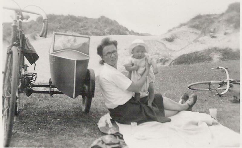 Vera and David. Ron's bicycle and sidecar (David transport) and Vera's bike.jpg