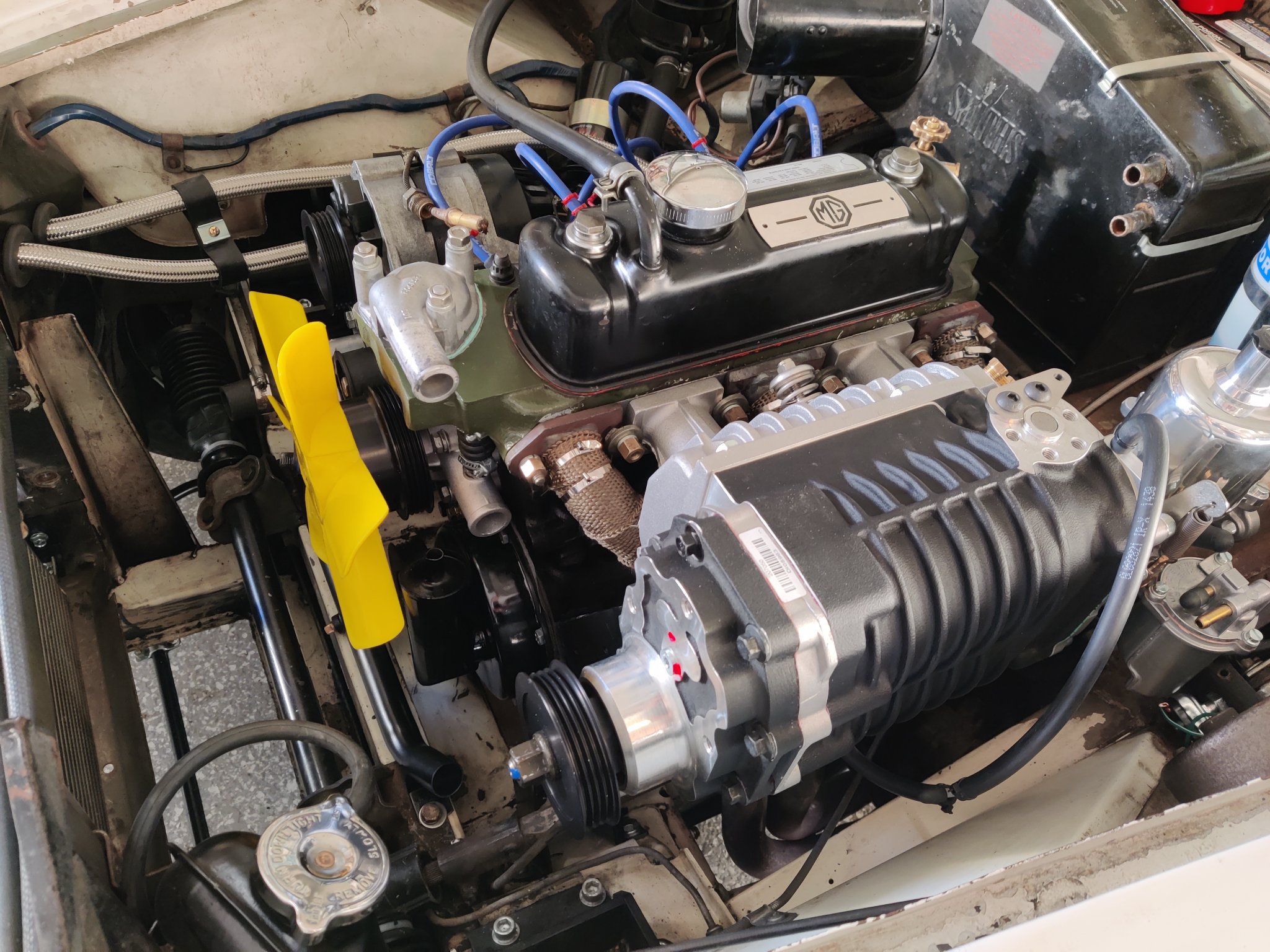 Supercharger install underway on a '72 Midget